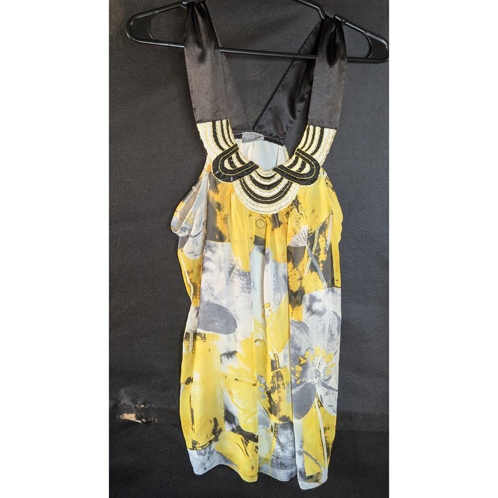 Daytrip Buckle Chiffon Tank Top Yellow Gray Floral Beaded Neckline Satin Strap